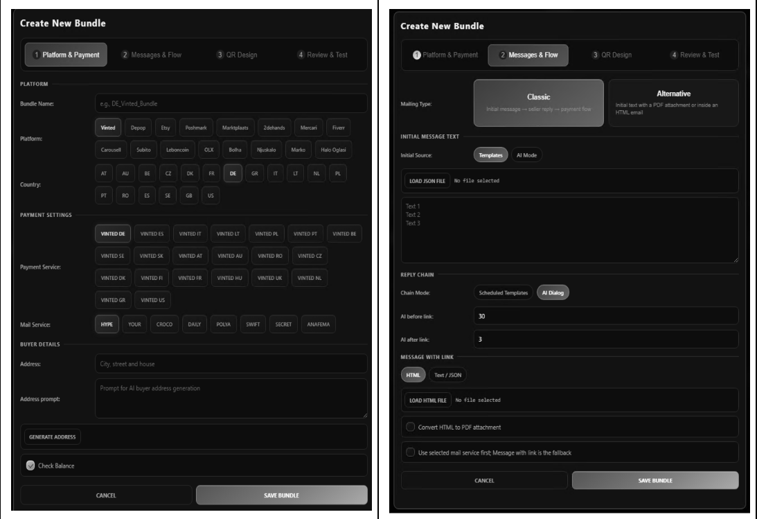 Bundle configuration with Platform & Payment/Messages & Flow.
