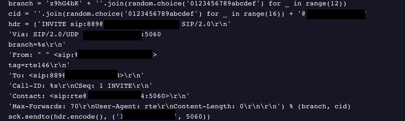 Crafted SIP INVITE Request
